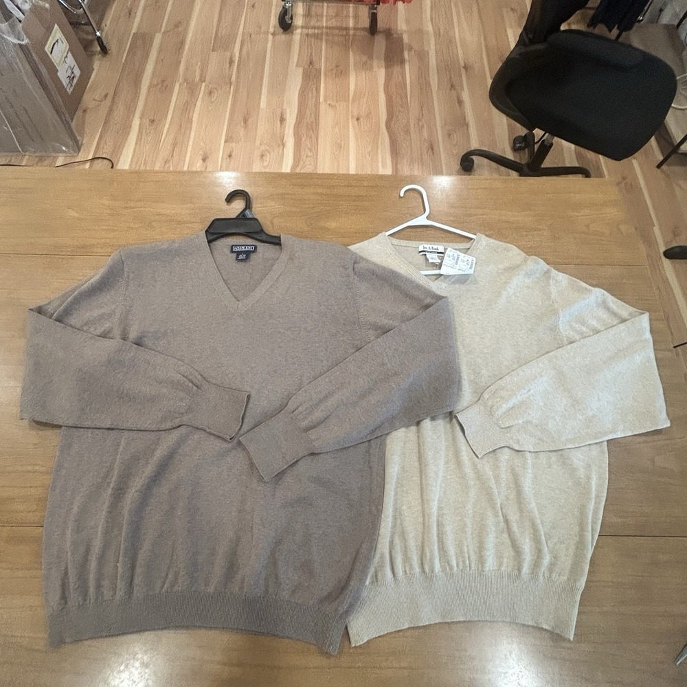 Jos A Bank Lands' End Golf 2 Sweater Mens Large Tan V Neck Pullover 100% Cotton
